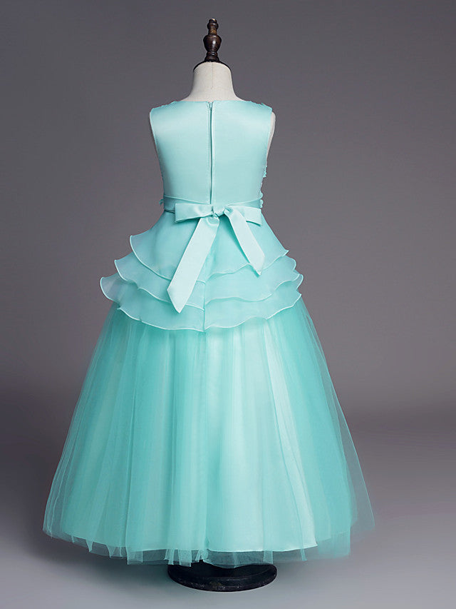 White Long A-line Tull Lace Sleeveless Jewel Neck Flower Girl Dresses