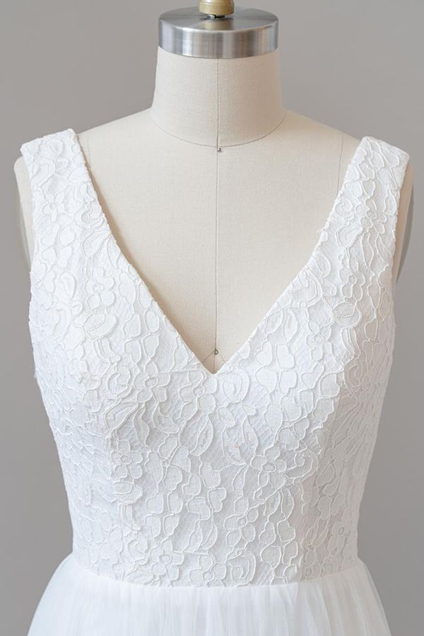 Long Open Back V-neck Lace Tulle A-line Wedding Dress