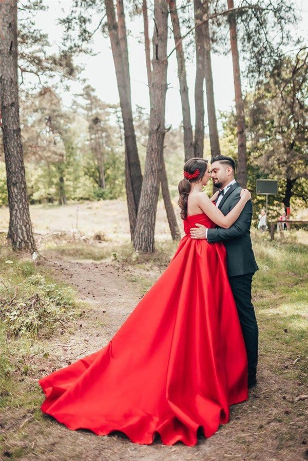 Beautiful Red Long A-line One Shoulder Satin Wedding Dresses