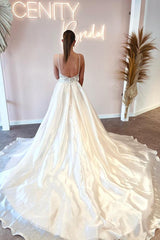 Charming A-Line V-Neck Spaghetti Straps Backless Satin Lace Long Wedding Dress