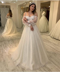 Long A-line Sweetheart Spaghetti Straps Wedding Dress with Sleeves