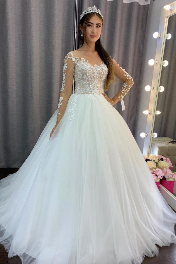Gorgeous A-line Tulle Long Sleeves Wedding Dress with Lace