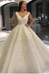 Vintage Long A-Line V-neck Appliques Lace Floor Length Wedding Dress