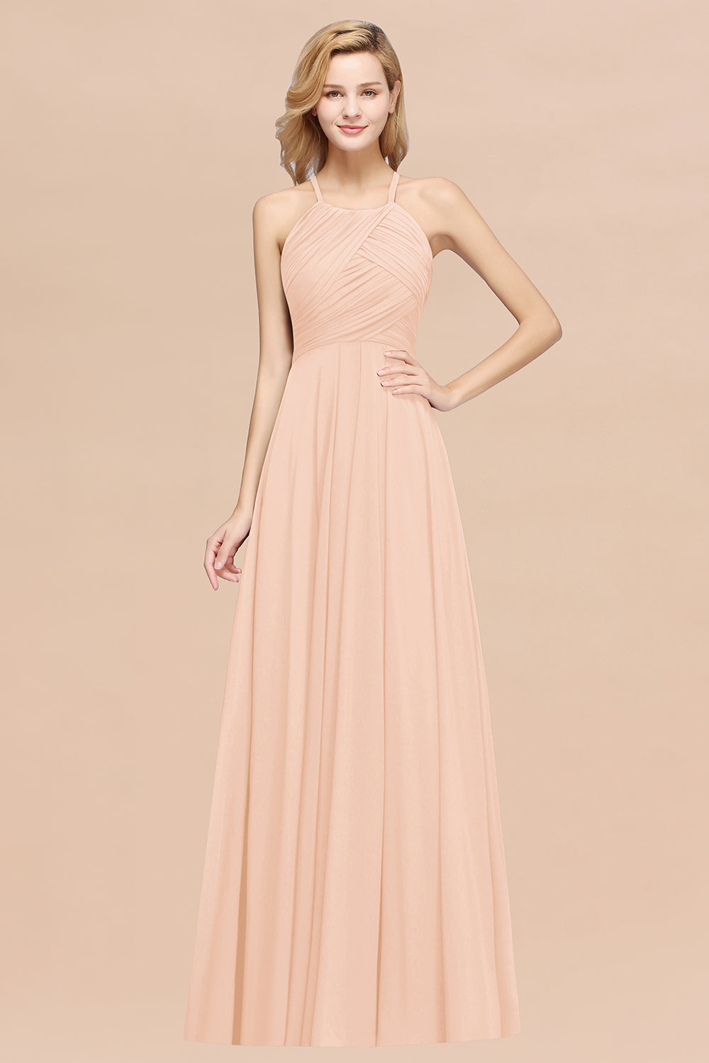 A-Line Chiffon Halter Ruffles Floor Length Bridesmaid Dress