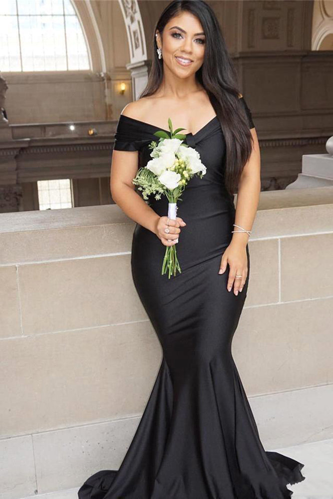 Black Long Off the Shoulder Floor Length Backless Mermaid Prom Dress