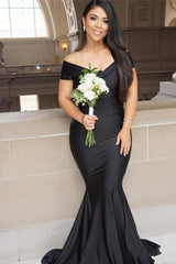 Black Long Off the Shoulder Floor Length Backless Mermaid Prom Dress