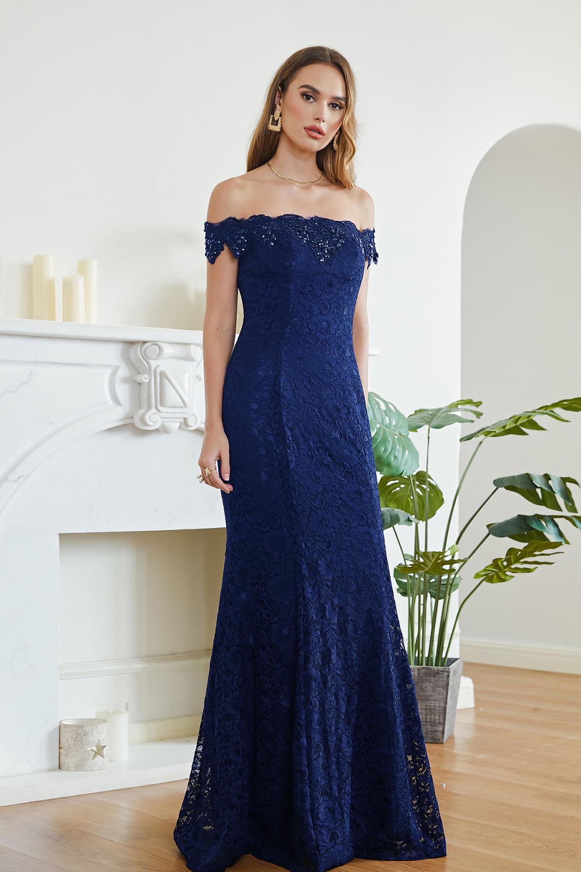 Long Off The Shoulder Floral Lace Mermaid Floor Length Formal Evening Dress