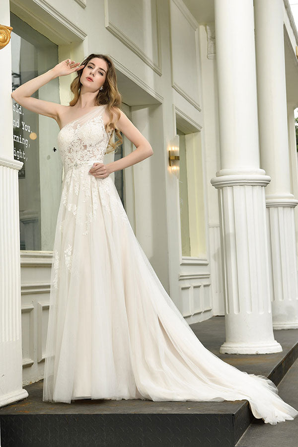 Chic Long One Shoulder Tulle Lace A-Line Wedding Dress