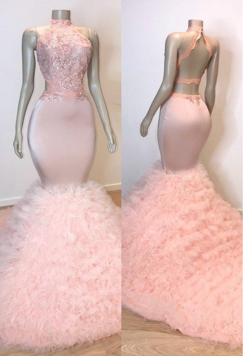 Long Halter Sleeveless Open Back Lace Tulle Mermaid Prom Dress