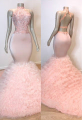 Long Halter Sleeveless Open Back Lace Tulle Mermaid Prom Dress