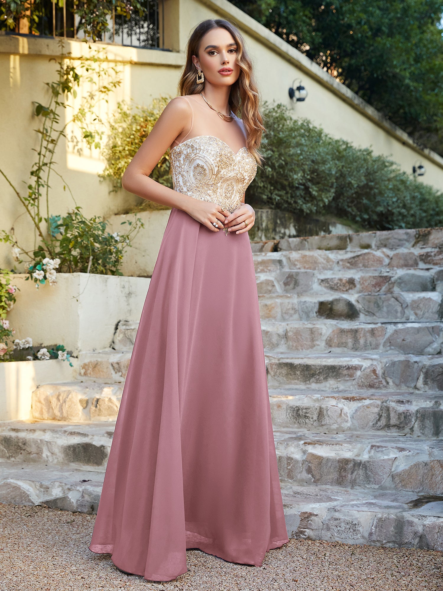 Elegant Long A-line Chiffon Sleeveless Tulle Lace Appliques Prom Dress