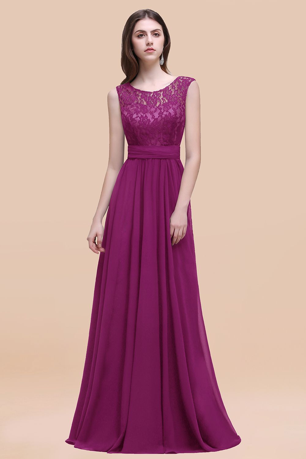 Elegant A-line Chiffon Lace Scoop Sleeveless Floor Length Bridesmaid Dress