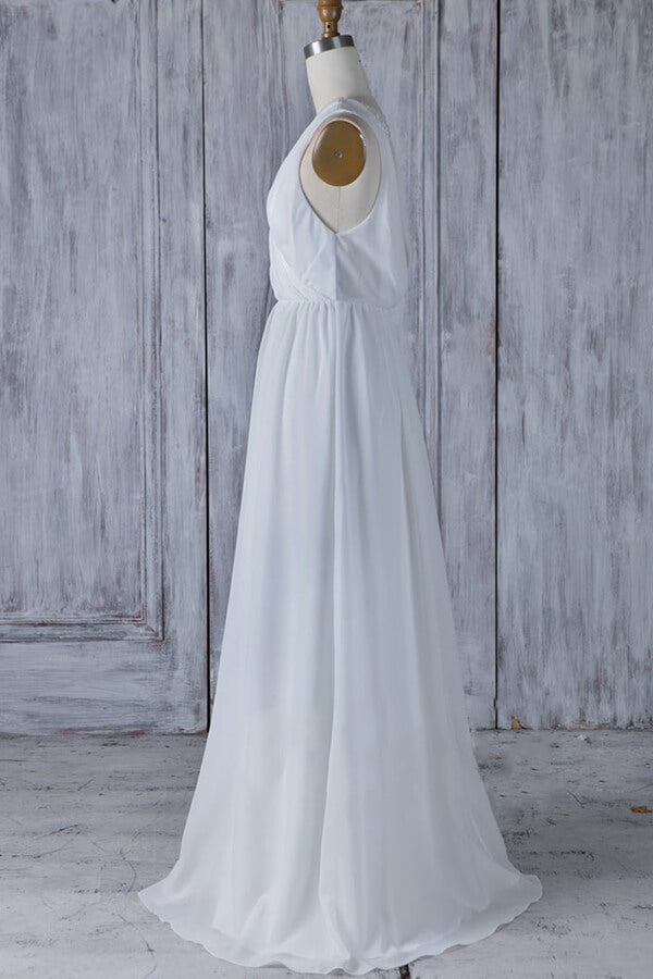 Elegant Long V-neck Ruffle Chiffon A-line Wedding Dress