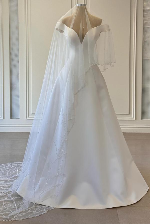 Long Off The Shoulder V-Neck Simple A-Line White Satin Wedding Dress
