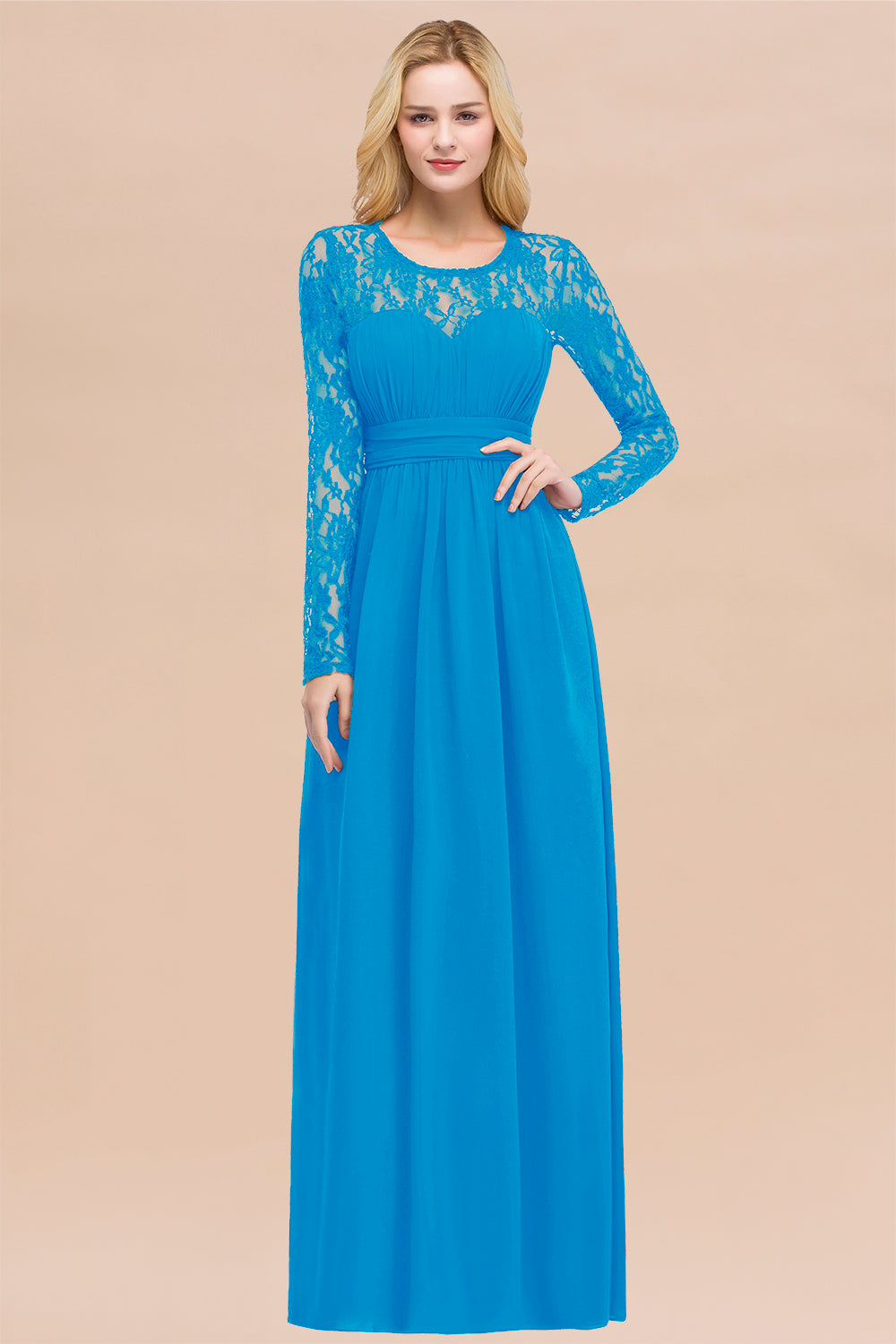 Elegant A-Line Chiffon Jewel Long Sleeves Ruffles Floor Length Bridesmaid Dresses