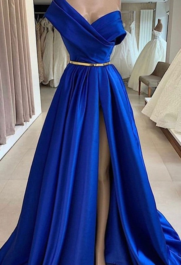 Royal Blue Long One Shoulder Floor Length A-line Prom Dresses with Slit
