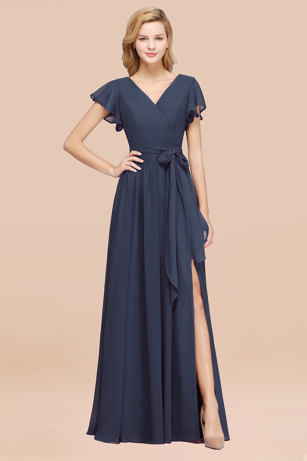 A-line Chiffon V-Neck Short Sleeves Floor Length Bridesmaid Dresses with Bow Sash