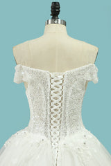 Beautiful Long Off the Shoulder Tulle Sequin Ball Gown Appliques Lace Wedding Dress