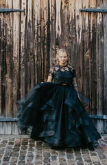 Gorgeous Long Two Piece Tulle Lace Layers A-line Black Wedding Dress with Short Sleeves