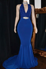 Royal Blue Long V-neck Satin Mermaid Prom Dress