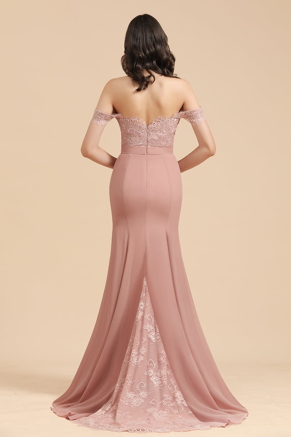 Dusty Rose Mermaid Off The Shoulder Lace Long Bridesmaid Dress