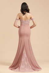 Dusty Rose Mermaid Off The Shoulder Lace Long Bridesmaid Dress