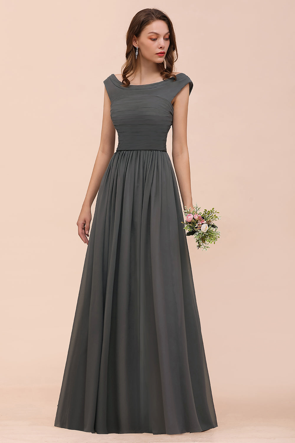 Long A-line Off the Shoulder Ruffle Steel Grey Bridesmaid Dress with Slit