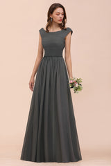 Long A-line Off the Shoulder Ruffle Steel Grey Bridesmaid Dress with Slit