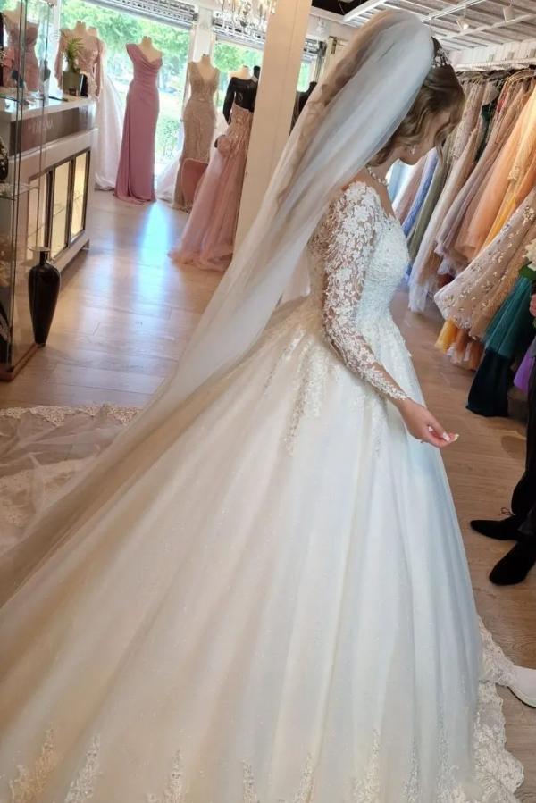 Gorgeous White Long A-line V-neck Lace Wedding Dress with Long Sleeves
