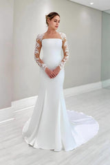 White Long Mermaid Satin Lace Wedding Dress with Floral Lace Sleeves