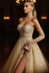 Champagne A-line Sweetheart Tulle Beading Long Wedding Dress with Split