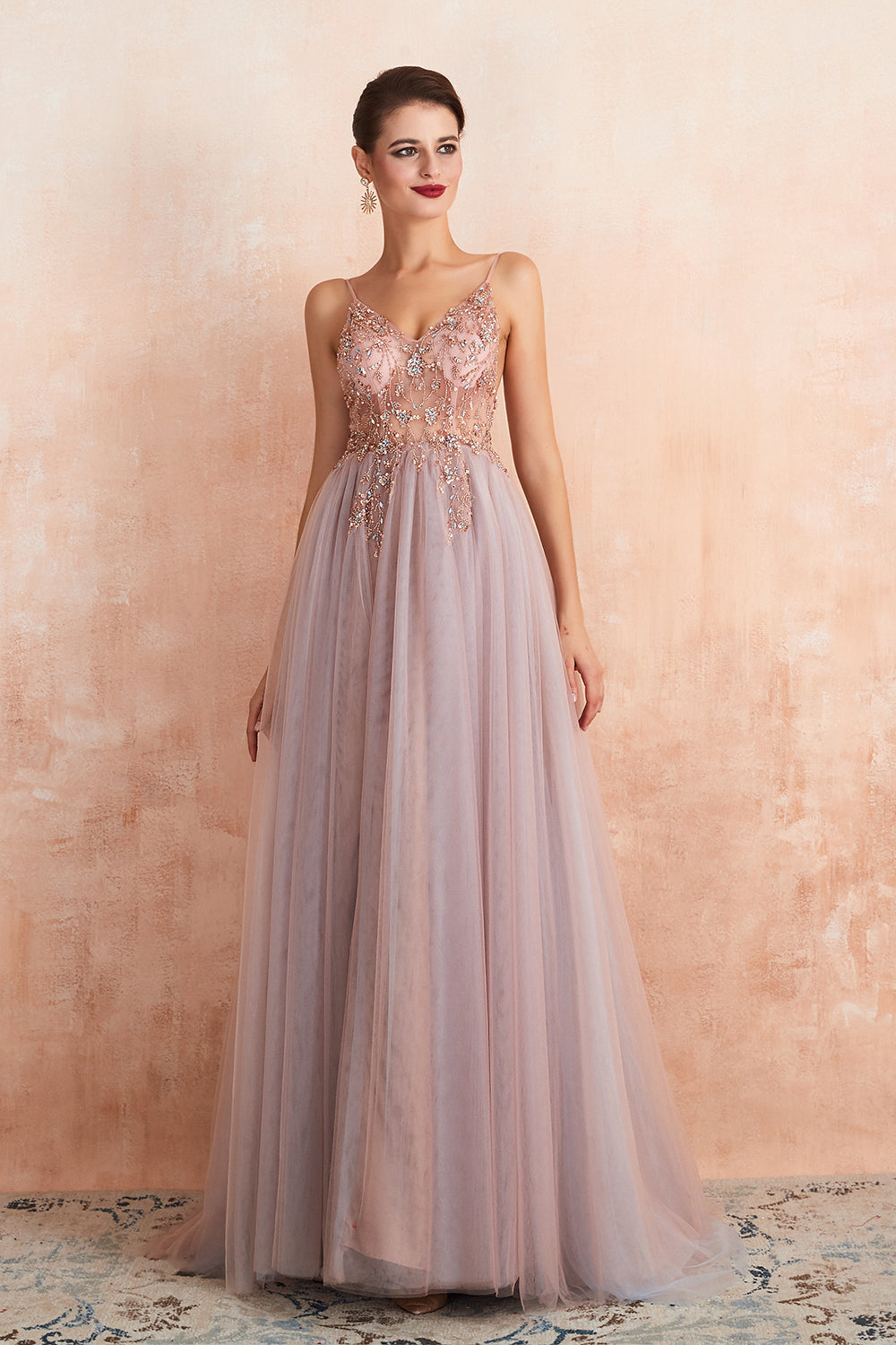 Long V-neck Tulle Beaded A-line Prom Dress with Slit