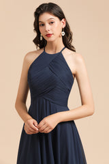 Long A-line Halter Chiffon Dark Navy Wedding Guest Dresses