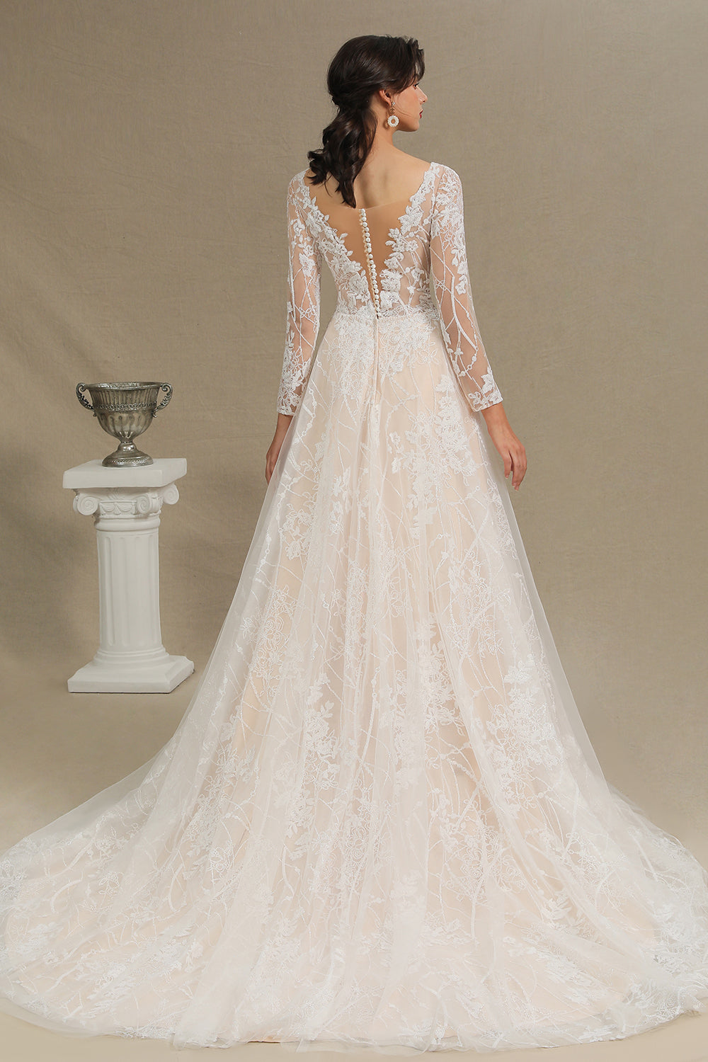 Long A-line V-neck Tulle Lace Wedding Dress with Sleeves