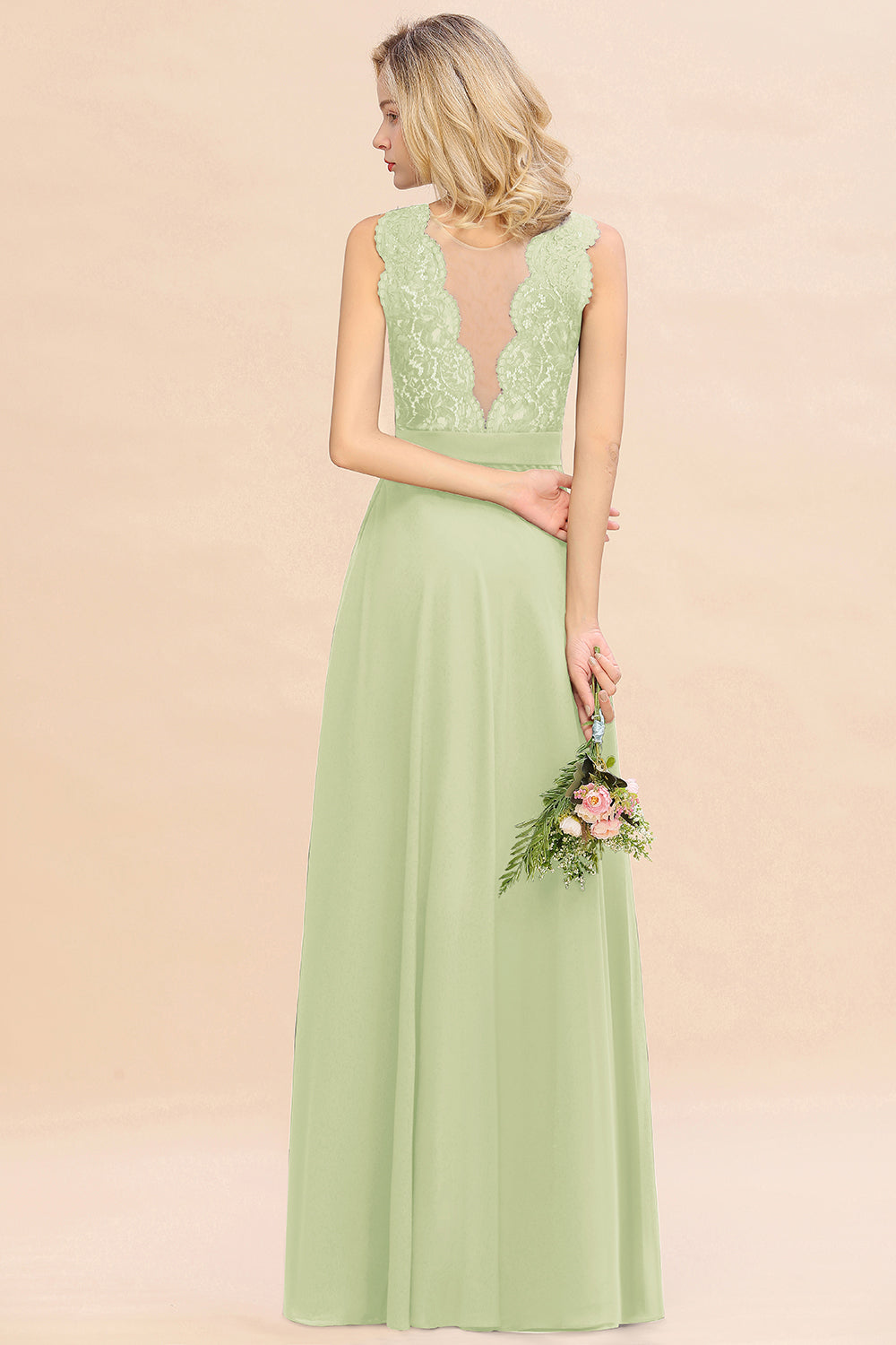 Long A-line Chiffon Lace Sleeveless Bridesmaid Dresses