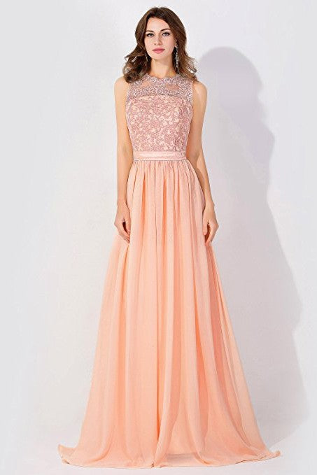 A-Line Chiffon Lace Jewel Sleeveless Floor Length Bridesmaid Dress with Ruffles