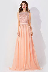 A-Line Chiffon Lace Jewel Sleeveless Floor Length Bridesmaid Dress with Ruffles
