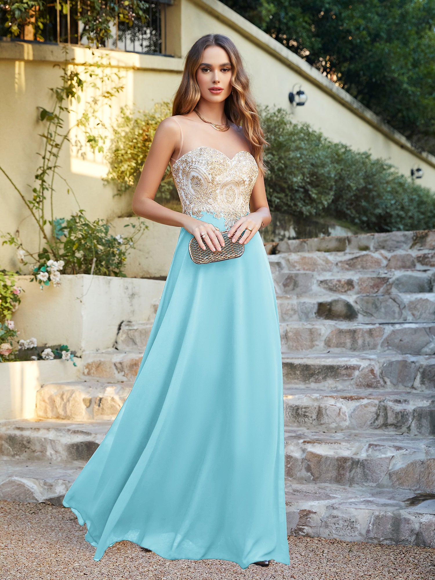 Elegant Long A-line Chiffon Sleeveless Tulle Lace Appliques Prom Dress