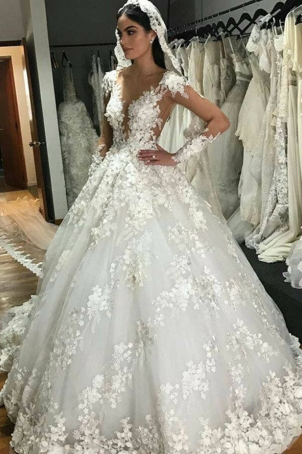 Gorgeous Bateau Long Sleeve Appliques Lace Backless Ruffles Floor Length A-line Wedding Dress