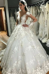 Gorgeous Bateau Long Sleeve Appliques Lace Backless Ruffles Floor Length A-line Wedding Dress