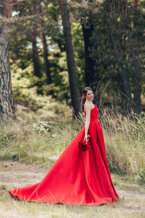 Beautiful Red Long A-line One Shoulder Satin Wedding Dresses