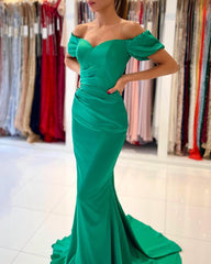 Stunning Long Mermaid Off the Shoulder Satin Prom Dresses with Sleeves