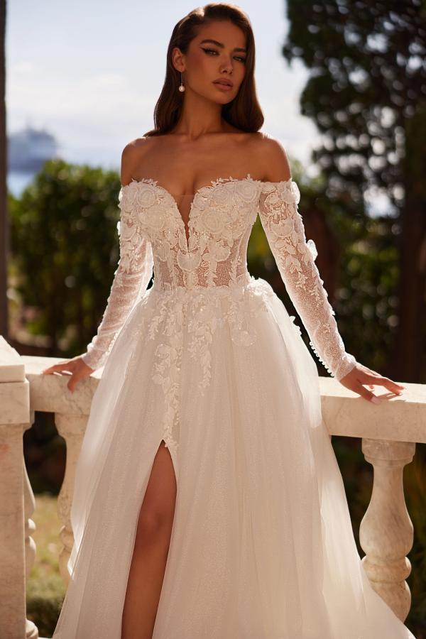 Long Sleeve A-Line Off the Shoulder Appliques Lace Wedding Dress with Slit