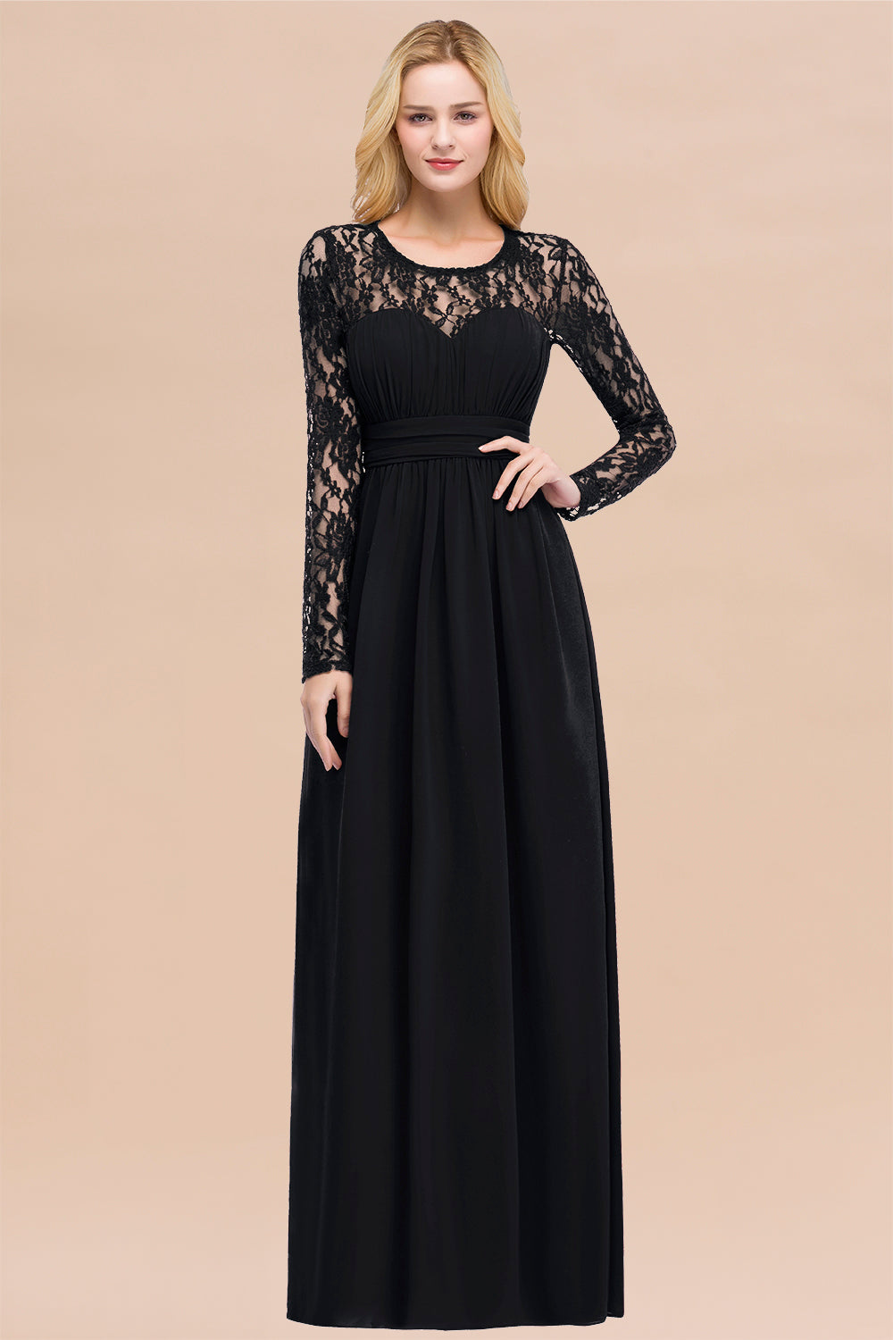 Elegant A-Line Chiffon Jewel Long Sleeves Ruffles Floor Length Bridesmaid Dresses
