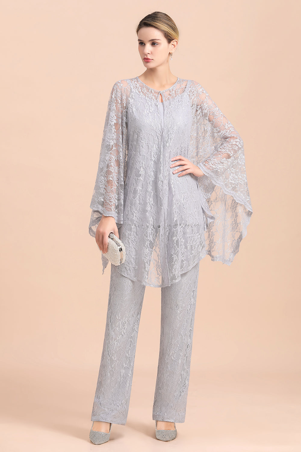V-Neck Straps Appliques Silver Lace Wraps Mother of Bride Jumpsuit