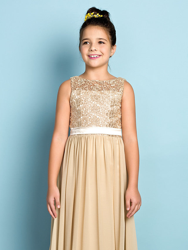 Long A-Line Scoop Neck Floor Length Chiffon Lace Junior Bridesmaid Dress