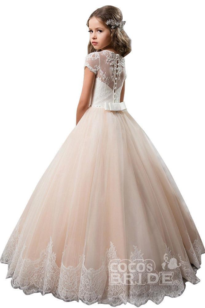 Long Scoop Neck Tulle Lace Ball Gown Flower Girl Dress