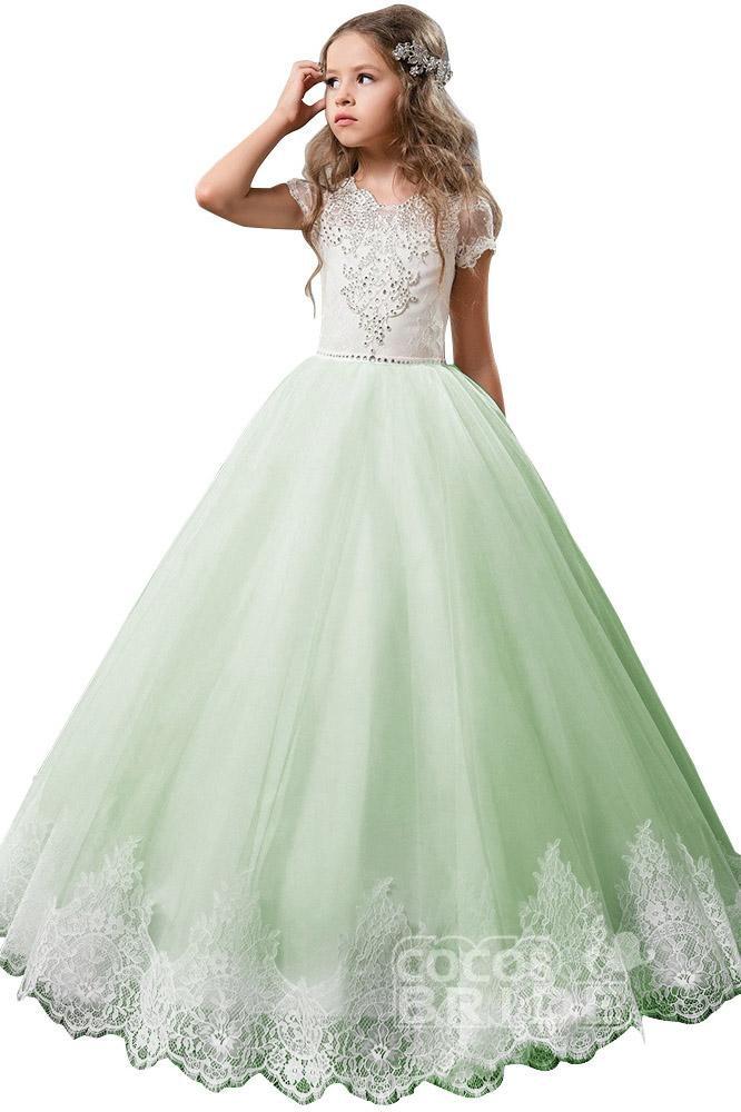 Long Scoop Neck Tulle Lace Ball Gown Flower Girl Dress