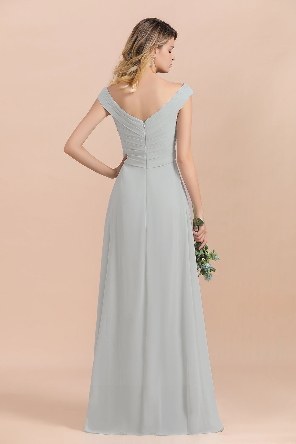 Off the Shoulder V-neck A-Line Bridesmaid Dress Floor Length Chiffon Evening Dress