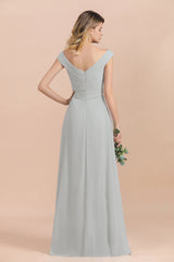 Off the Shoulder V-neck A-Line Bridesmaid Dress Floor Length Chiffon Evening Dress
